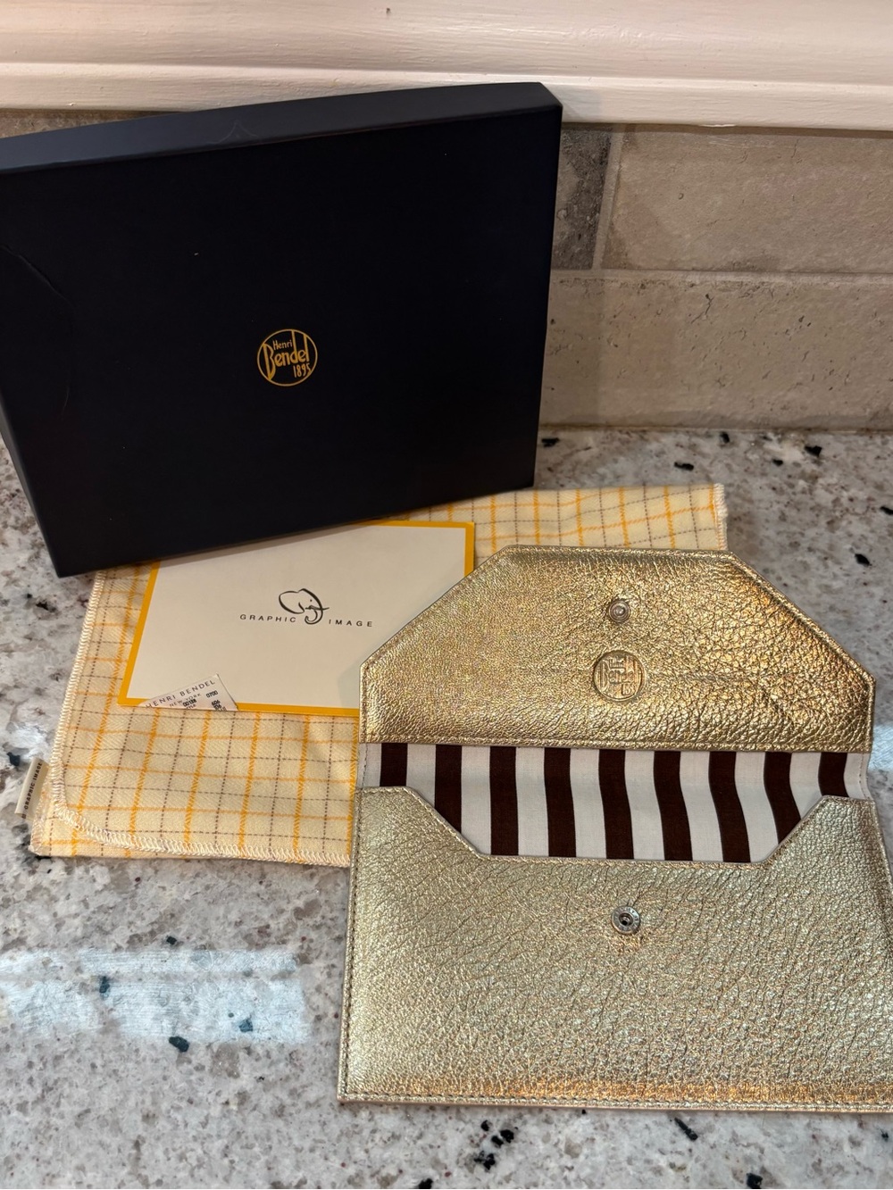 henri bendel Metallic Gold Leather Envelope Clutch collab with Graphic Image